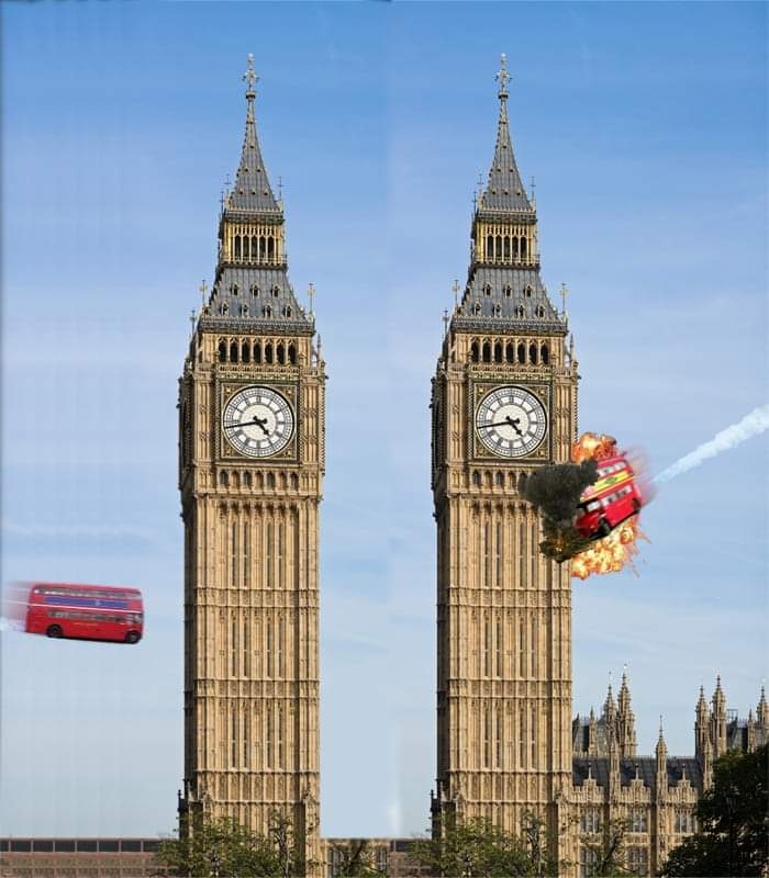 The meme is a humorous image of Big Ben, the iconic London clock tower, with a giant bomb or explosion going off near it, causing the clock's face to shatter and the tower to partially collapse. The image is captioned "Bombing the clock tower" with a "D" or "Bombing the clock tower (D)" in the caption. The meme is likely referencing the 2015 terrorist attack on the clock tower, which was actually a terrorist attack on the nearby Houses of Parliament, but the image is meant to be humorous and not to be taken seriously.